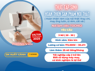 [Tochigi] TUYỂN 3 NỮ HOÀN THIỆN SẢN PHẨM NỘI THẤT TẠI NHẬT BẢN